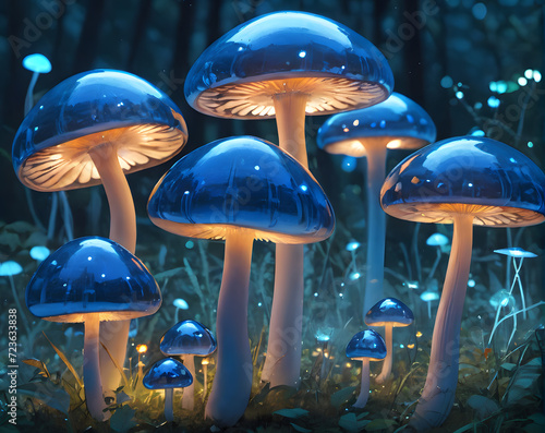 Mystical Blue Mushrooms in Moonlit Forest. Created with Generative AI © Mihai Zaharia