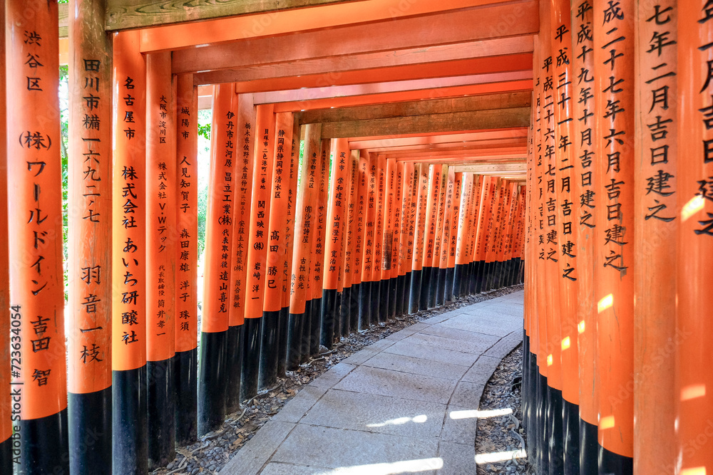 Fushimi Inari Shrine. Shinto shrine. Torii gates with Kanji engravings. Kyoto, Japan Fushimi Inari Shrine. Shinto shrine. Torii gates with Kanji engravings. Kyoto, Japan