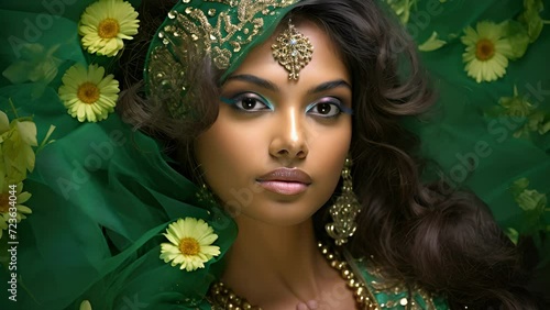 An IndianAsian woman in a sumptuous shimmering green saree her headdress of colorful flowers drawing attention to her luminous complexion. photo