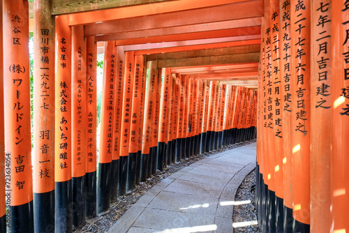 Fushimi Inari Shrine. Shinto shrine. Torii gates with Kanji engravings. Kyoto, Japan