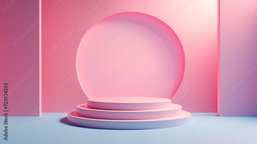 Layered pink podiums create a playful and dynamic display against a large circular backdrop in a pastel-themed room.