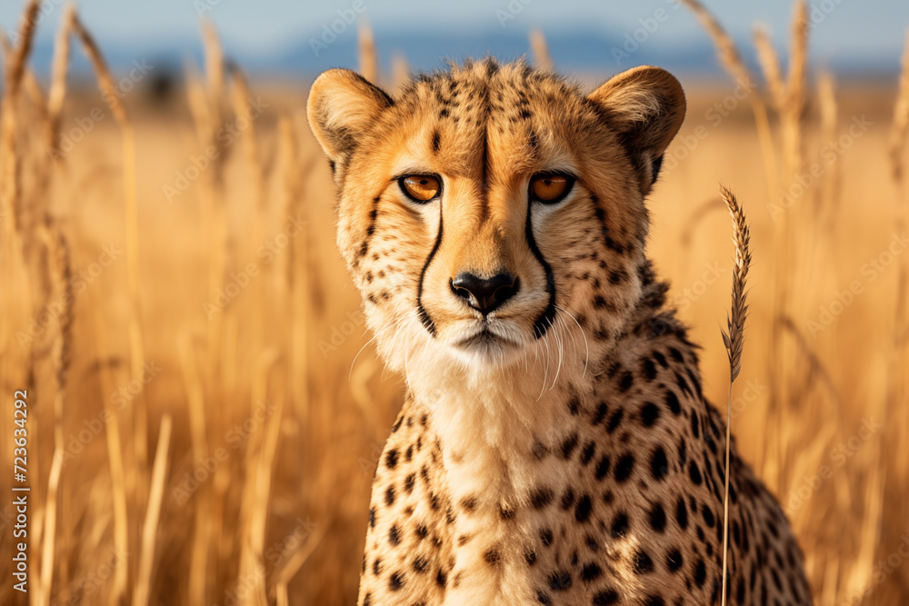 Cheetah in the grass Savanna in the evening and light sunshine. Cheetah in the grass Savanna in the evening and light sunshine.