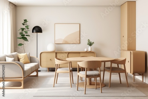 beige color interior design of modern living room. round wooden dining table  sofa  cabinet near brown wall