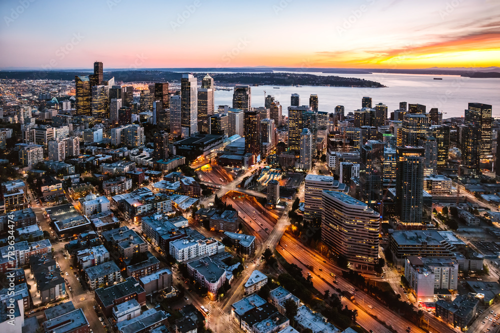 Aerial view of city downtown skyline at dusk, Seattle, United States
