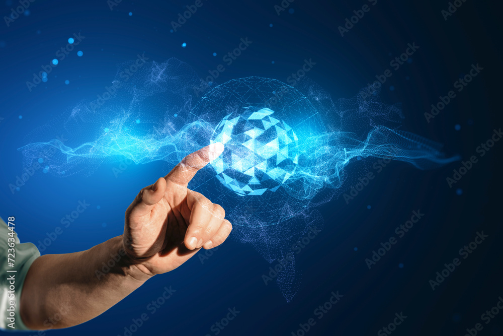 Hand engaging with a global digital network, showcasing a holographic world map. International connectivity concept Hand engaging with a global digital network, showcasing a holographic world map. International connectivity concept