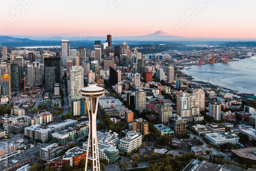 Aerial of Space Needle and skyline at dusk with Mt Rainier, Seattle photo