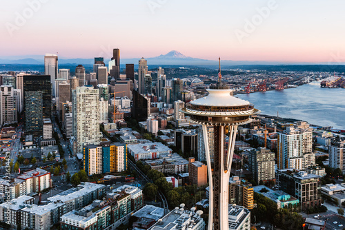 Aerial view of Space Needle and skyline at dusk with Mt Rainier, Seattle, USA photo