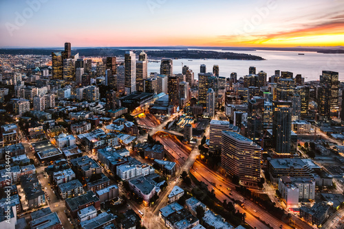 Aerial view of city downtown skyline at dusk, Seattle, United States photo