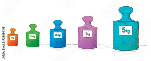 measuring tools in old kilogram and gram. 50 grams, 100 grams, 250 grams, 1 kilograms, 5 kilograms colored vector