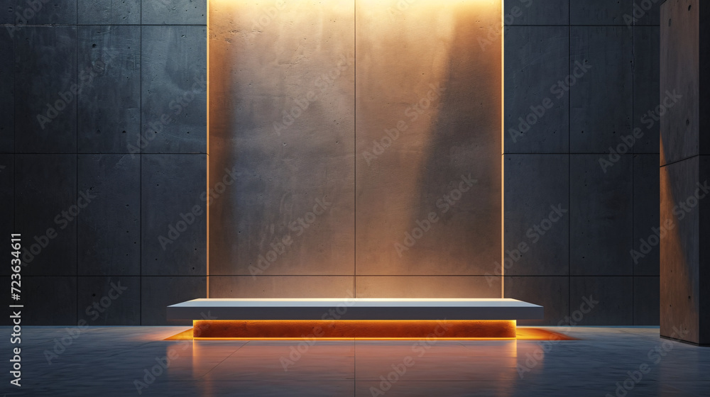 A minimalist white podium glows with warm, ambient light against a textured concrete wall, creating a dramatic and modern display setting. A minimalist white podium glows with warm, ambient light against a textured concrete wall, creating a dramatic and modern display setting.
