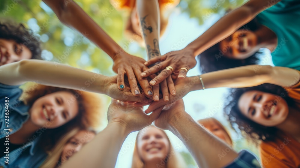 A group of diverse people holding hands in a circle - obrazy, fototapety, plakaty 