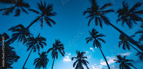 Palm trees on a Mexican beach during summer, create a vacation dadcore vibes. Scene with several palm trees against a weathercore blue horizon, nature-based patterns from a low angle perspective. photo