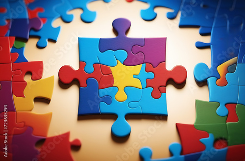 World Autism Awareness Day concept. Piece of a puzzle in the hands of a child with an intricate design that reflects the complexity of the autistic brain, and its different colors represent diversity