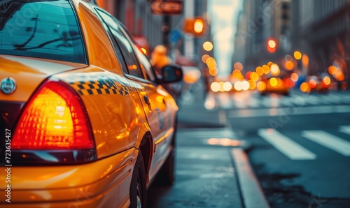 Detail of yellow cab in big city. Yellow taxi transport car in autumn new york.