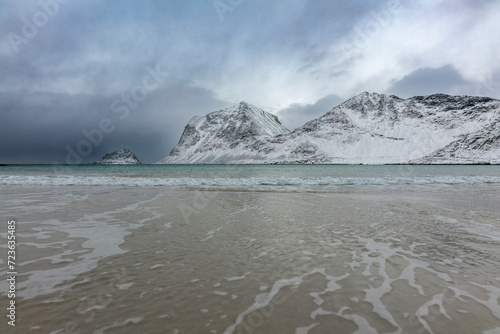 Taken during the snow-covered winter season on the Norwegian Lofoten islands
