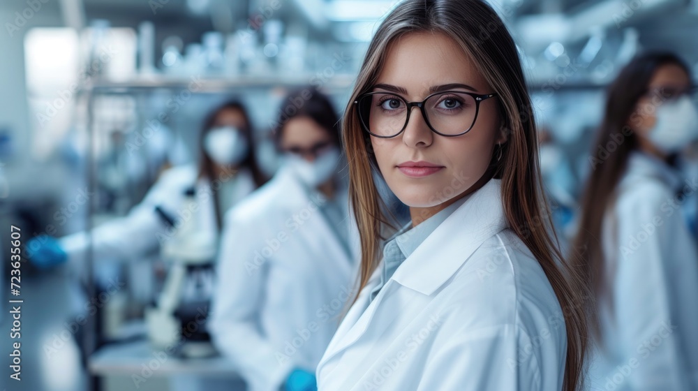 Beautiful young woman scientist wearing white coat and glasses in modern Medical Science Laboratory with Team of Specialists on background. Beautiful young woman scientist wearing white coat and glasses in modern Medical Science Laboratory with Team of Specialists on background.