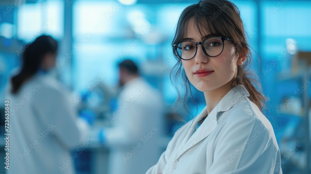 Fototapeta premium Beautiful young woman scientist wearing white coat and glasses in modern Medical Science Laboratory with Team of Specialists on background.