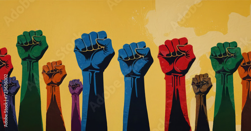Stylized painted multicolored fists raised upward as a sign of struggle, dissent and equality