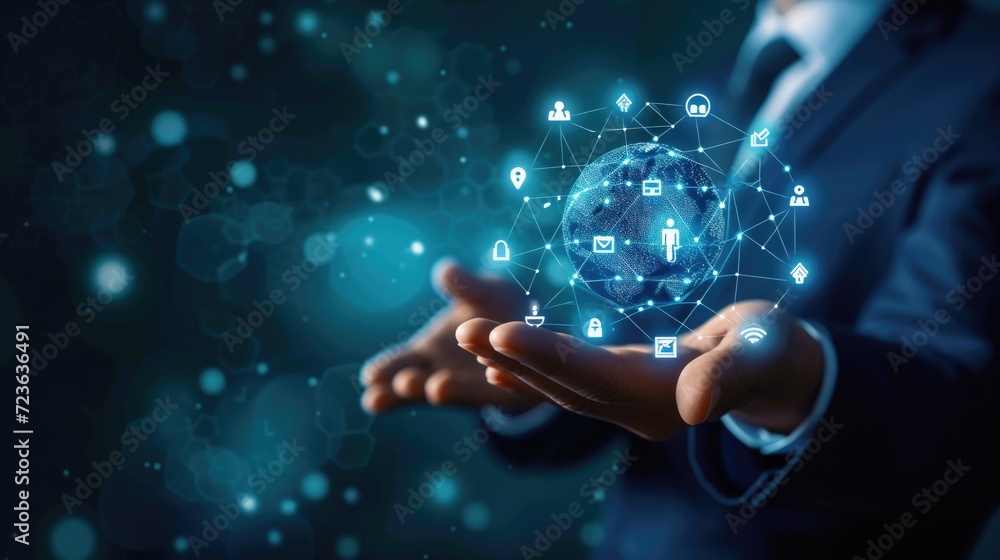 Businessman hand-holding automation, innovation, technology, and efficiency icons with seamless network connection.