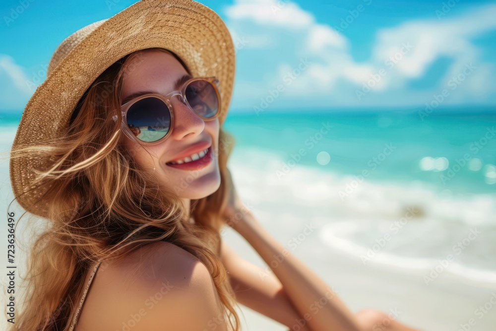Happy woman with hat relaxing at the seaside Happy woman with hat relaxing at the seaside