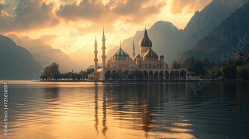 Serene mosque by the lake at sunset with mountains in the background