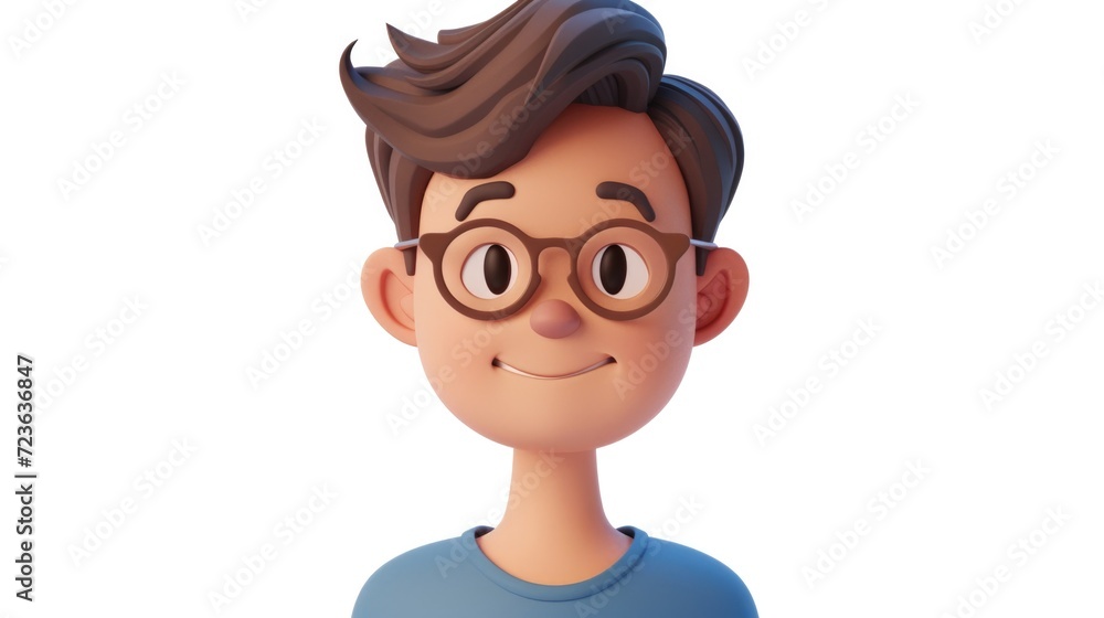 Cute isometric 3d image of straight avatar of a man with short dark brown hair and glasses and a subtle smile Cute isometric 3d image of straight avatar of a man with short dark brown hair and glasses and a subtle smile