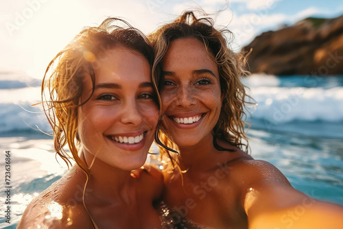 Happy young smiling female selfie together at beach , Girls friends surfers capturing fun beach moments with a selfie