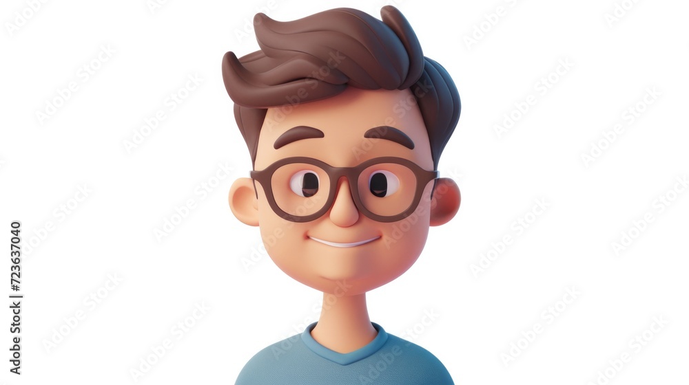 Cute isometric 3d image of straight avatar of a man with short dark brown hair and glasses and a subtle smile