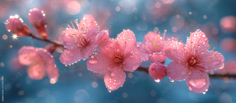 Embracing the Beauty of Spring: Stunning Pink Cherry Blossoms in Full Bloom with Dew Drops Glittering in the Morning Sunlight Embracing the Beauty of Spring: Stunning Pink Cherry Blossoms in Full Bloom with Dew Drops Glittering in the Morning Sunlight