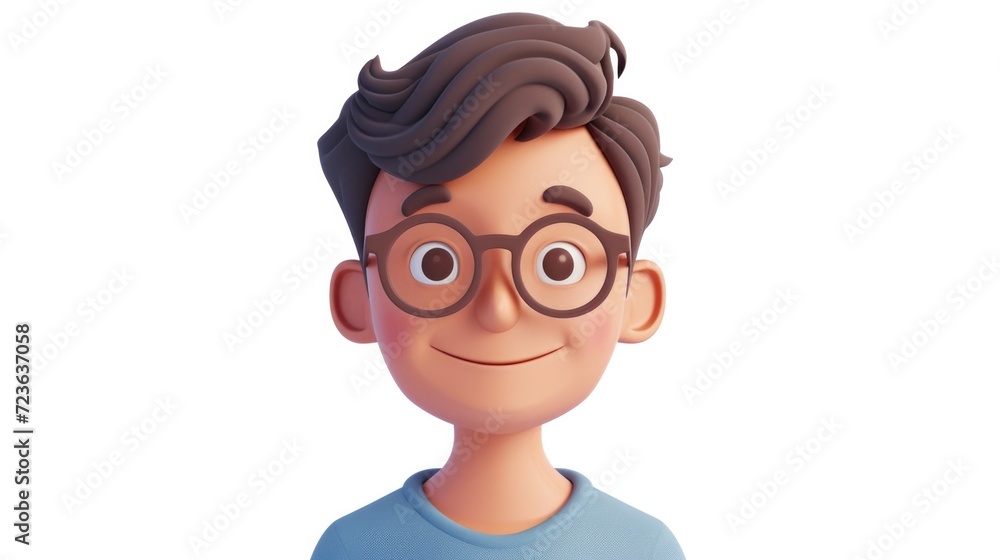 Cute isometric 3d image of straight avatar of a man with short dark brown hair and glasses and a subtle smile Cute isometric 3d image of straight avatar of a man with short dark brown hair and glasses and a subtle smile
