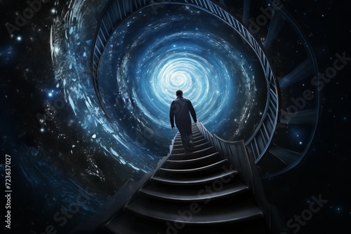 Man walking up spiral stairs space galaxy. Human on ladder with celestial twirl portal. Generate ai photo