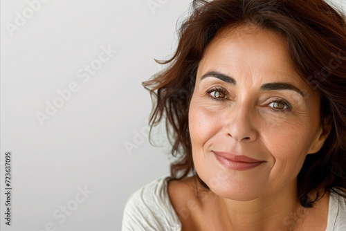 Cropped hispanic beautiful calm smiling middle aged woman looking at camera on white background