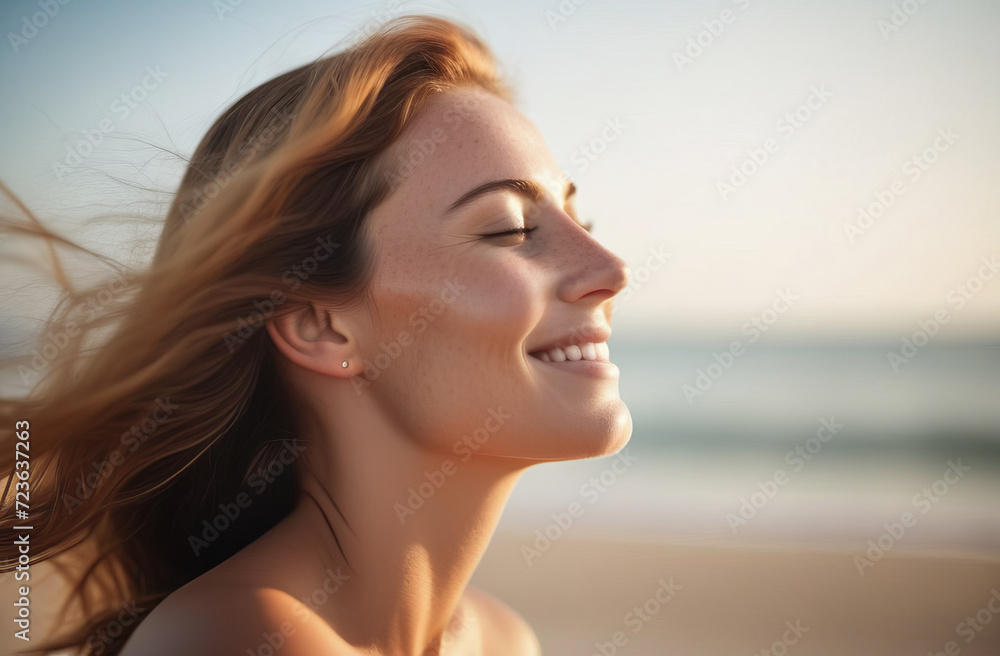 Side view of caucasian happy young woman with closed eyes and reddish hair looking aside under sun on beach Side view of caucasian happy young woman with closed eyes and reddish hair looking aside under sun on beach