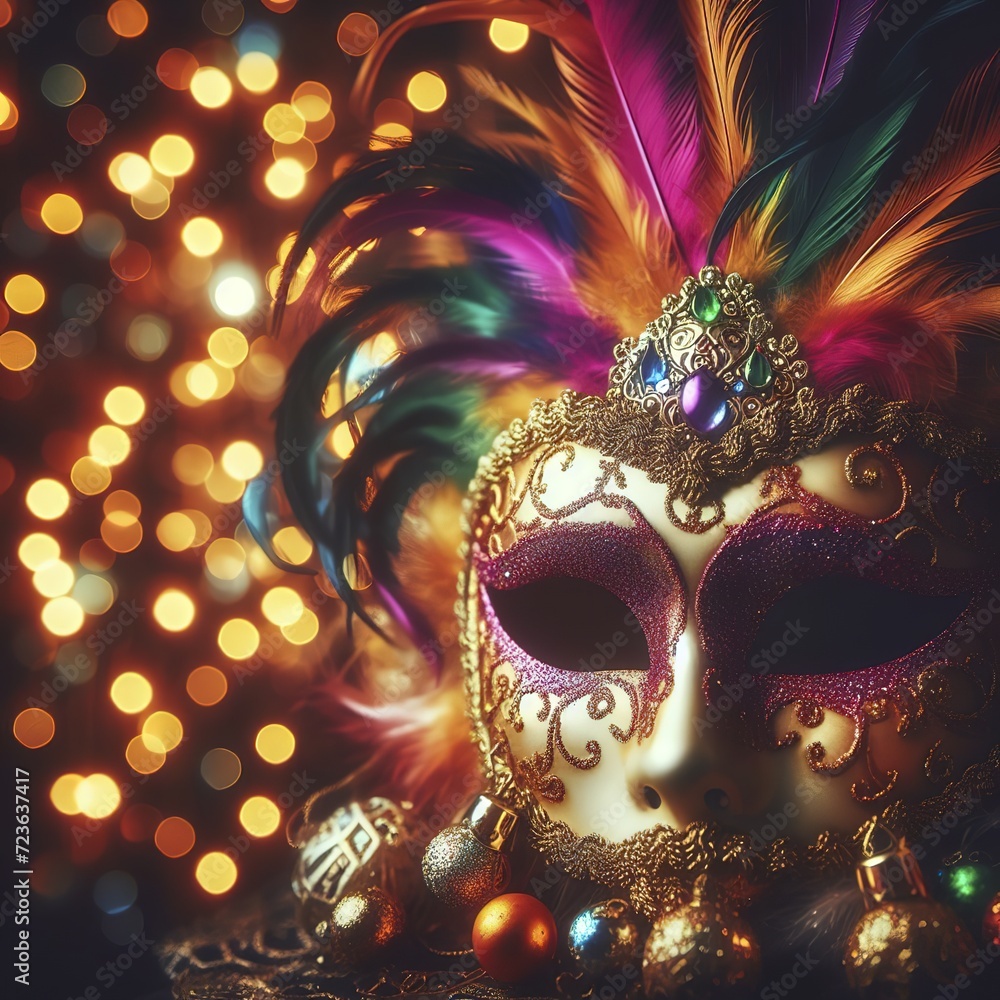 Carnival partyvenetian mask with colorful and abstract defocused bokeh lights Carnival partyvenetian mask with colorful and abstract defocused bokeh lights