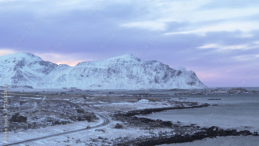 Taken during the snow-covered winter season on the Norwegian Lofoten islands