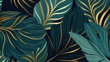 Botanical abstract green, blue, gold banner for decoration, printing, wallpaper, textiles, interior design Luxury watercolor art background with golden leaves and flowers in line art style.