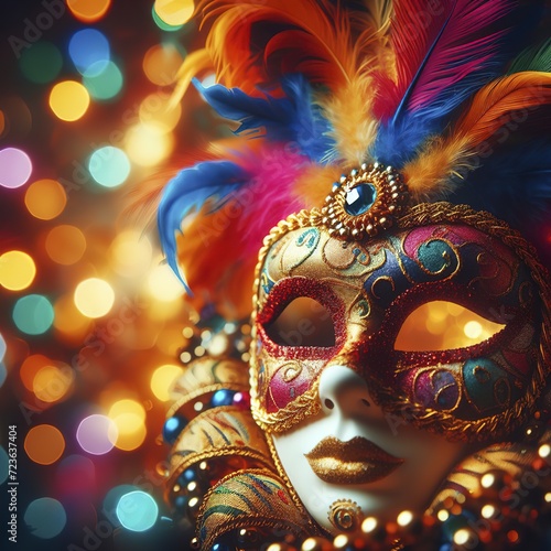 Carnival partyvenetian mask with colorful and abstract defocused bokeh lights