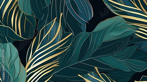 Botanical abstract green, blue, gold banner for decoration, printing, wallpaper, textiles, interior design Luxury watercolor art background with golden leaves and flowers in line art style. © Ekaterina