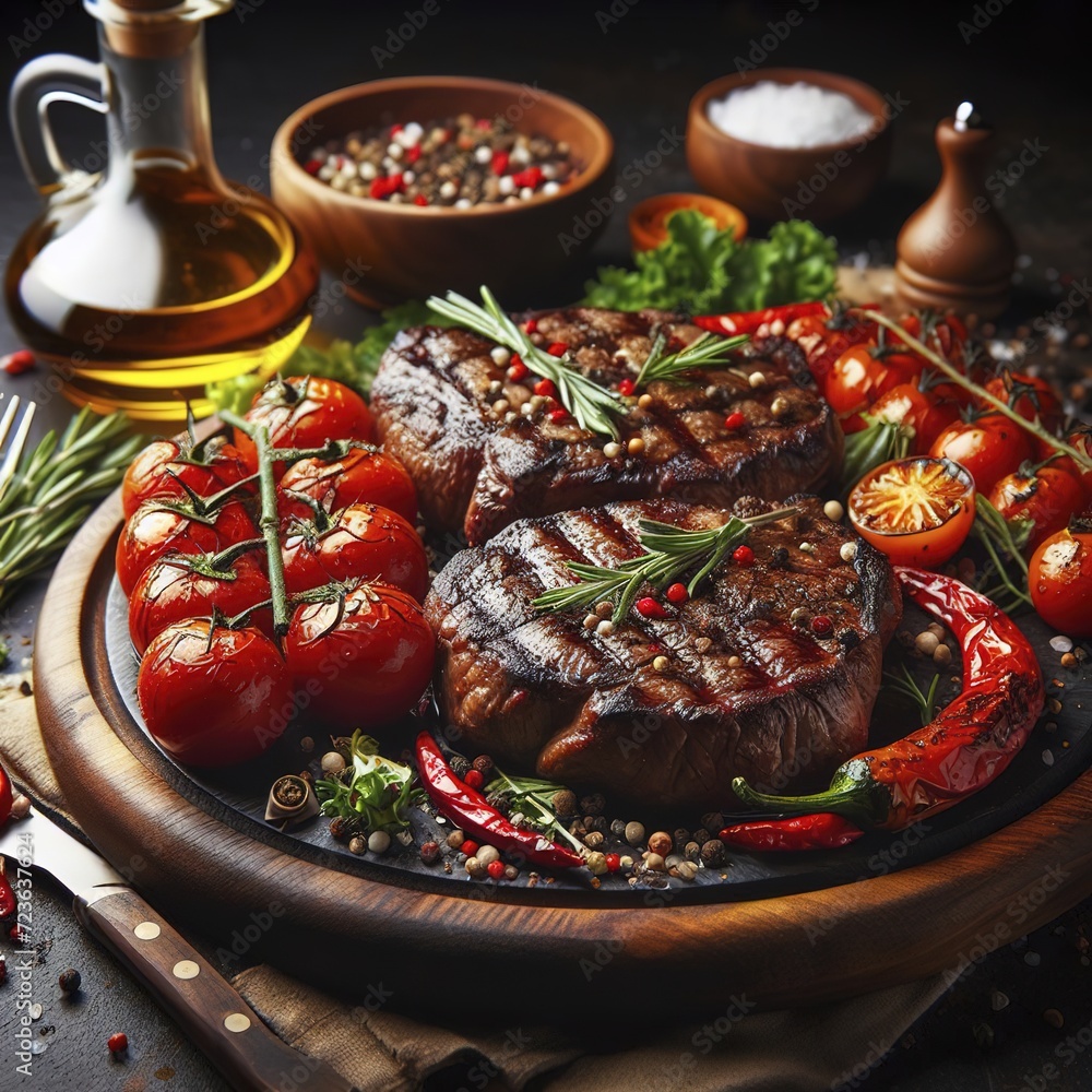 Grilled beef steaks with tomatoesspices and herbs on cutting board and black background