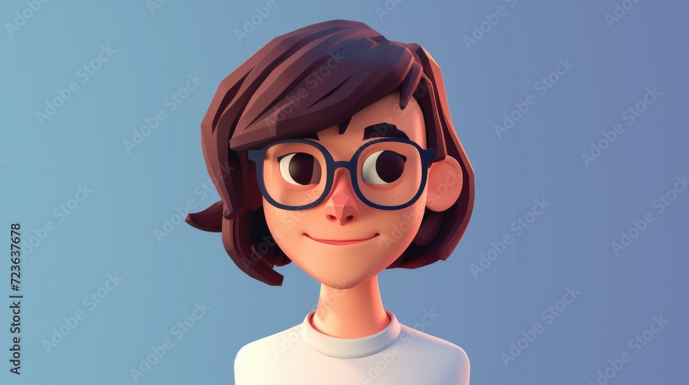 Cute isometric 3d image of straight avatar of a wooman with short dark brown hair and glasses and a subtle smile Cute isometric 3d image of straight avatar of a wooman with short dark brown hair and glasses and a subtle smile