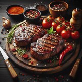 Grilled beef steaks with tomatoesspices and herbs on cutting board and black background