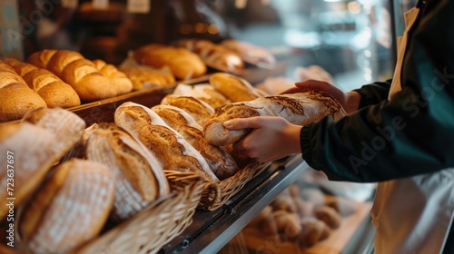 Person picking out a fresh loaf of bread from a bakery shelf