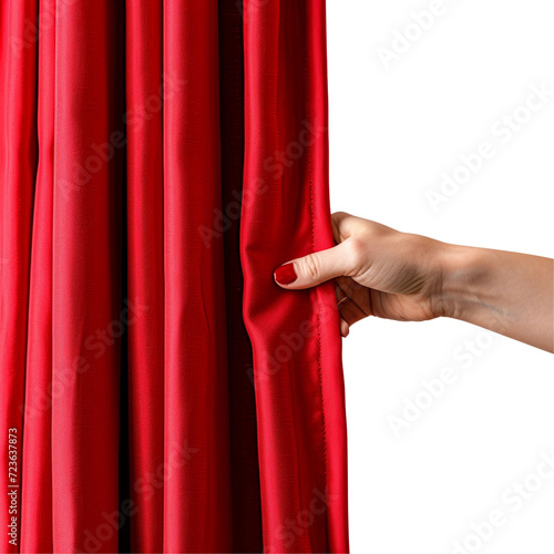 Hand Pulling Red Curtain Isolated on Transparent or White Background, PNG