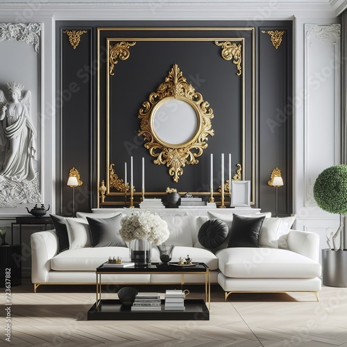 Luxury white living room interior background black empty wall mock up living room mock up © Sergiu