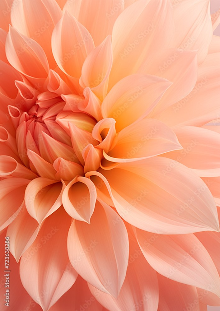 Flower print dahlia peach fuzz color, in the style of pastel tonality. Close up