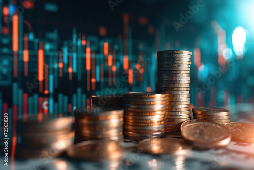 close up horizontal image of a small stacks of coins and graphics of the stock market in the background, providing a context of banking and investment Generative AI photo