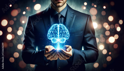Un homme tient un cerveau dans ses mains , idéal pour article, blogs traitant de : l' intelligence artificielle, Piraterie, sécurité informatique, virus, hacker, hacking, pirate