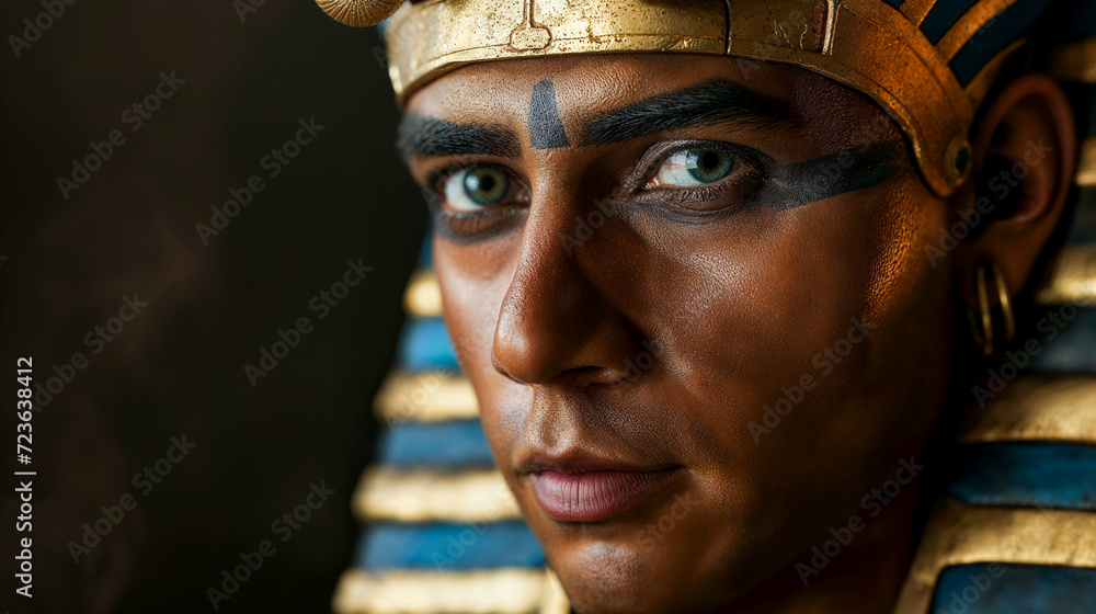 Male pharaoh wearing headdress featuring blue and gold stripes, traditional Egyptian eye makeup, capturing the regal essence of ancient Egyptian royalty. - obrazy, fototapety, plakaty 