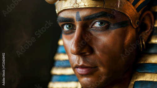 Male pharaoh wearing headdress featuring blue and gold stripes, traditional Egyptian eye makeup, capturing the regal essence of ancient Egyptian royalty.