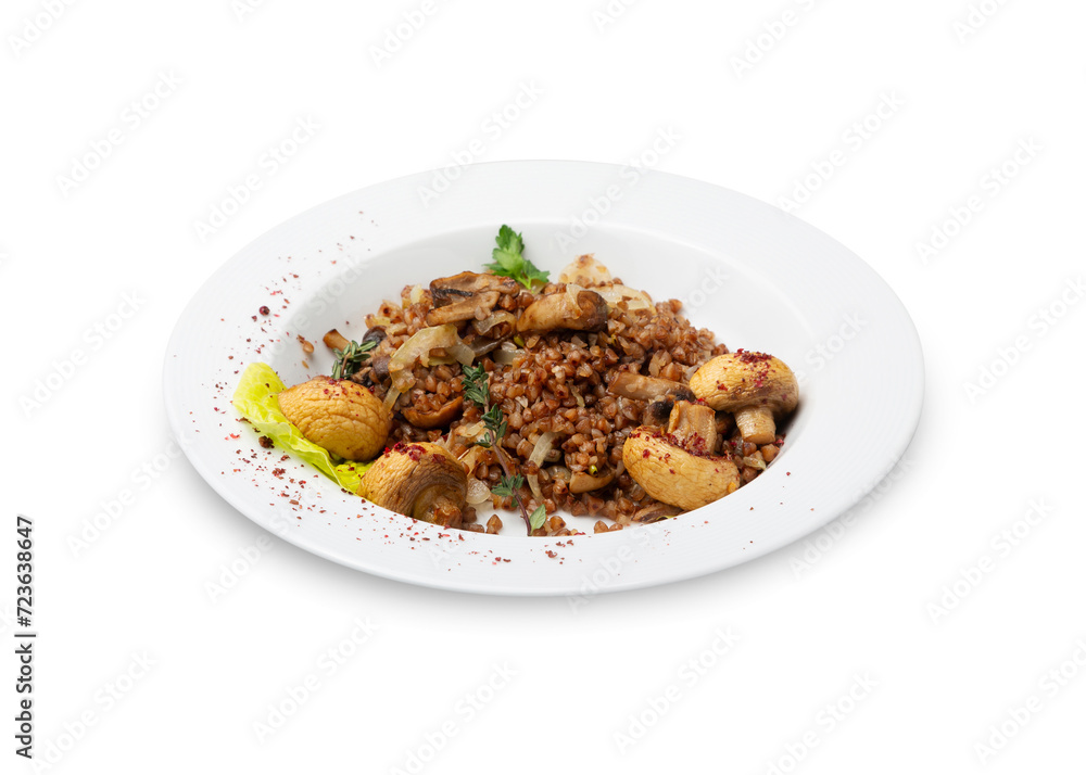 Buckwheat porridge with mushrooms on a plate, isolated
Buckwheat porridge with mushrooms on a plate, isolated